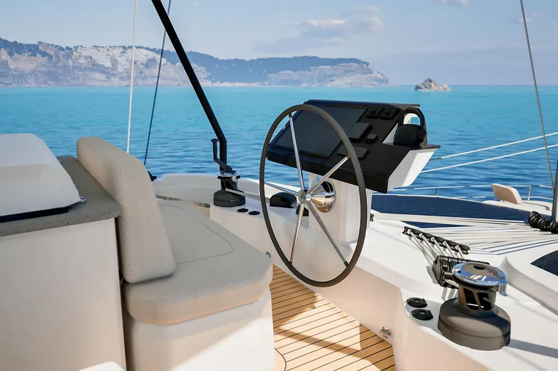 Slide: The Image of Helm of 2026 Fountaine Pajot 55 yacht with ocean view and modern controls. - 2
