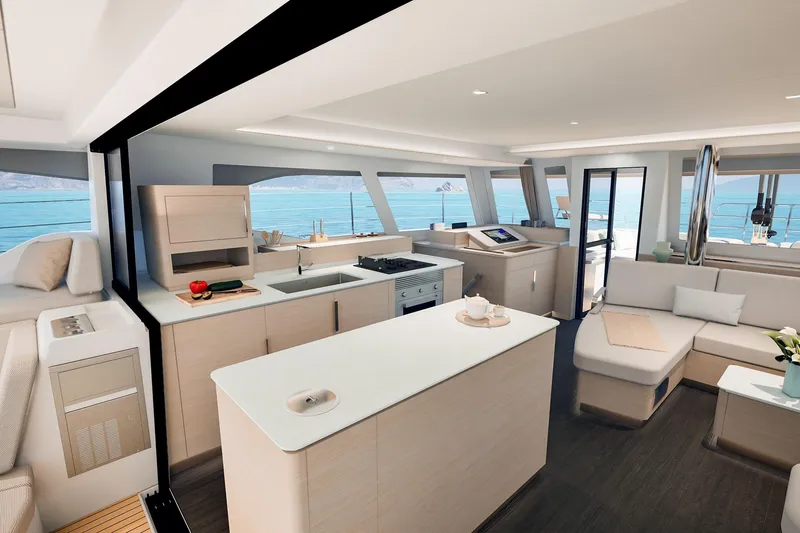 Slide: The Image of Luxurious interior of 2026 Fountaine Pajot 55 yacht with modern kitchen and seating area. - 35