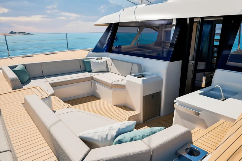 The Image of Luxurious 2026 Fountaine Pajot 55 yacht deck with elegant seating and ocean view. - 0