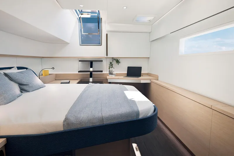 Slide: The Image of Luxurious cabin interior of 2026 Fountaine Pajot 55 yacht, featuring modern design and natural light. - 25