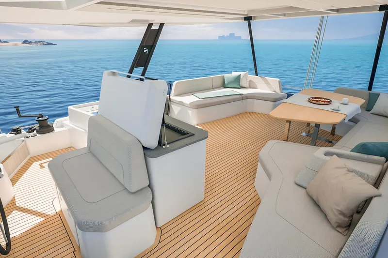 Slide: The Image of Luxurious interior of 2026 Fountaine Pajot 55 yacht with ocean view. - 4