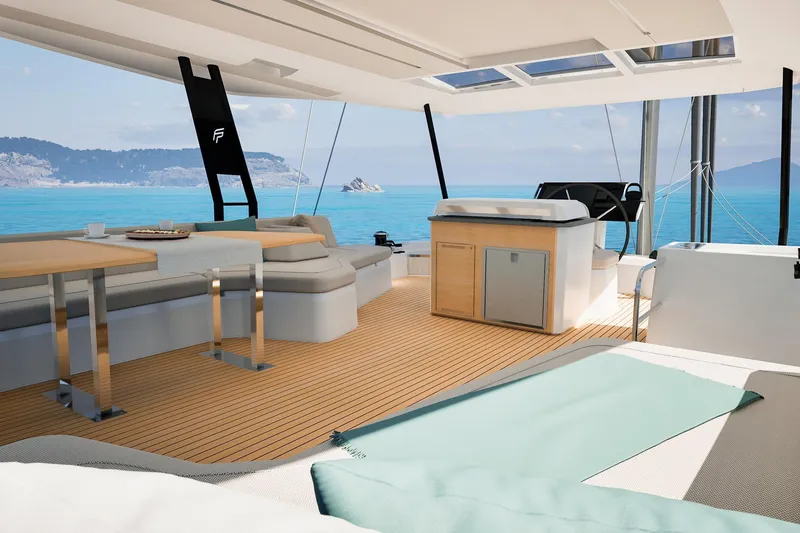 Slide: The Image of Luxurious interior of 2026 Fountaine Pajot 55 yacht with ocean view. - 5