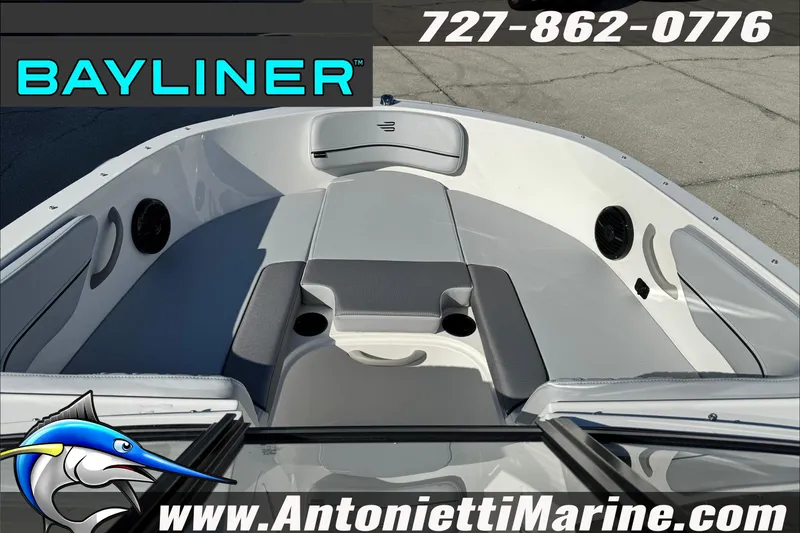 Slide: The Image of 2026 Bayliner VR4 Bowrider OB interior with seating, speakers, and marine logo. - 19