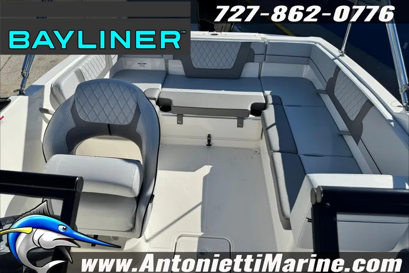 Slide: The Image of 2026 Bayliner VR4 Bowrider OB interior with gray seating, showcased by Antonietti Marine. - 22