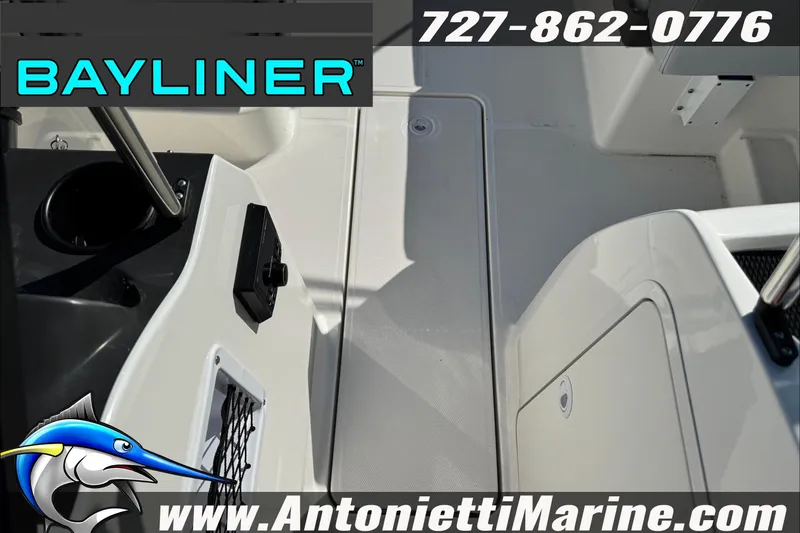 Slide: The Image of 2026 Bayliner VR4 Bowrider OB interior with branding and contact details. - 24
