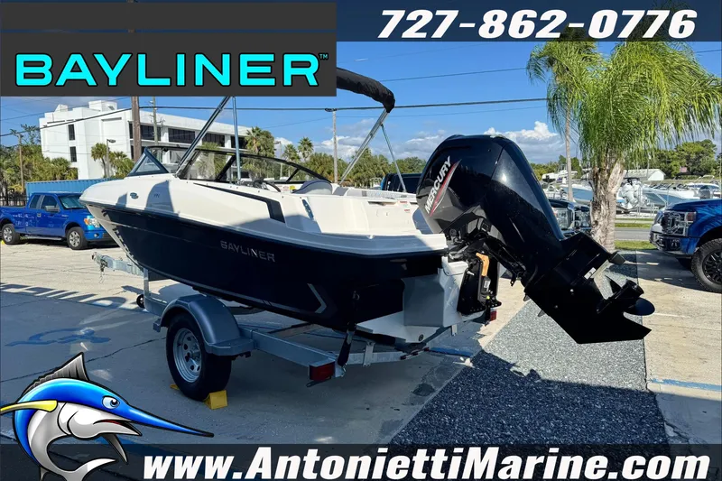 Slide: The Image of 2026 Bayliner VR4 Bowrider OB on trailer, displayed at Antonietti Marine dealership. - 5