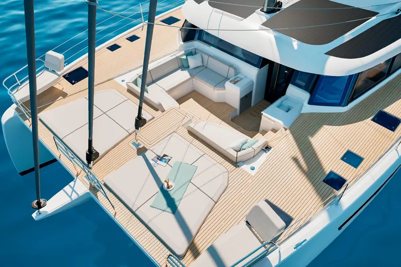 Slide: The Image of Luxurious 2026 Fountaine Pajot 55 catamaran with spacious deck and modern seating. - 12