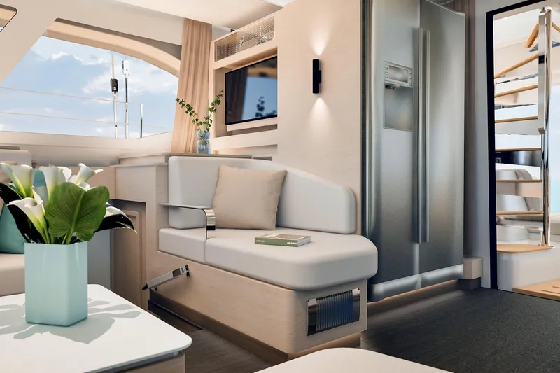Slide: The Image of Luxurious interior of 2026 Fountaine Pajot 55 yacht with modern decor and elegant seating. - 28