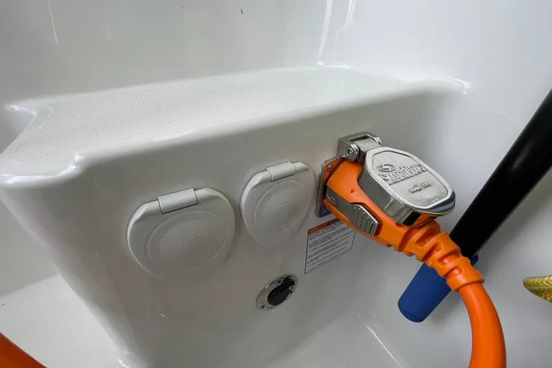 Slide: The Image of Power connection on 2021 American Tug 362 boat, featuring SmartPlug system. - 57