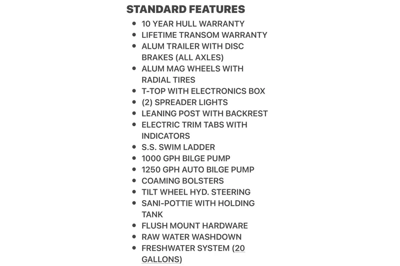 Slide: The Image of 2026 Cape Horn 31 T standard features list, including warranty, pumps, and steering details. - 11