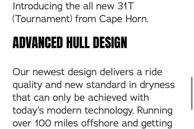 Slide: The Image of 2026 Cape Horn 31T features advanced hull design for superior ride quality and dryness. - 13