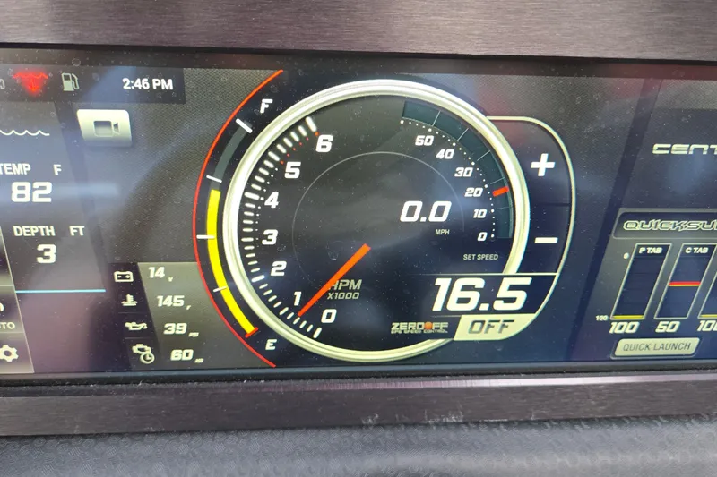 Slide: The Image of Dashboard of a 2022 Centurion Fi23 boat showing speedometer and various gauges. - 22