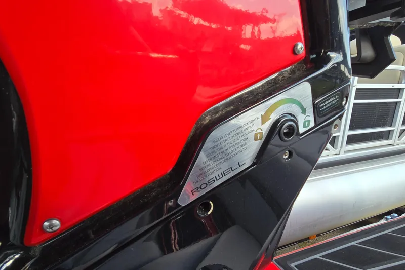 Slide: The Image of Close-up of 2022 Centurion Fi23 boat's Roswell tower lock mechanism. - 83