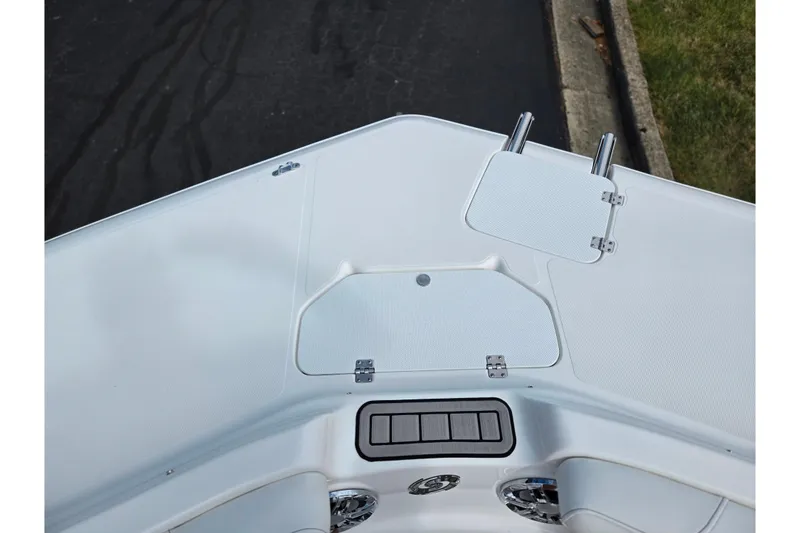 Slide: The Image of 2020 Hurricane SunDeck Sport 202 IO boat deck with storage compartments and cleats. - 21