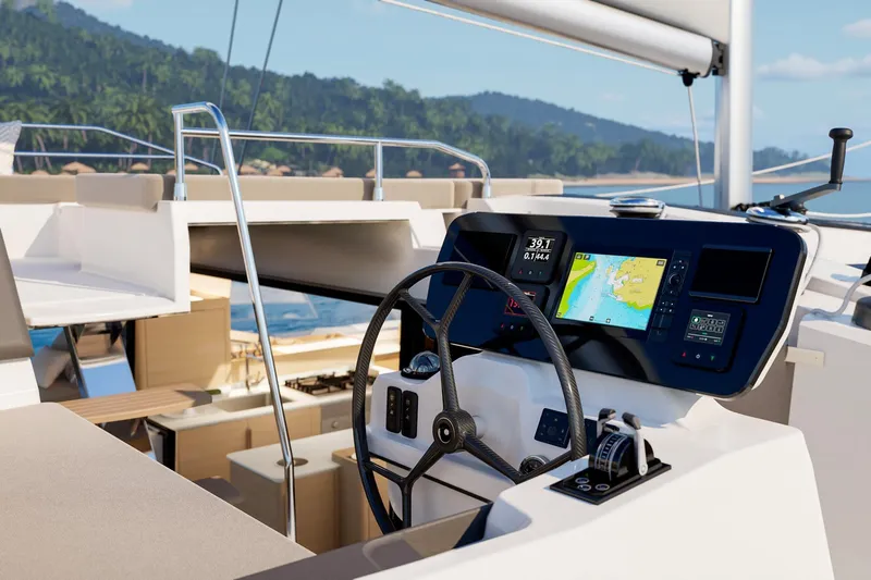 Slide: The Image of 2026 Fountaine Pajot 48 yacht helm with navigation display, set against tropical coastline. - 22