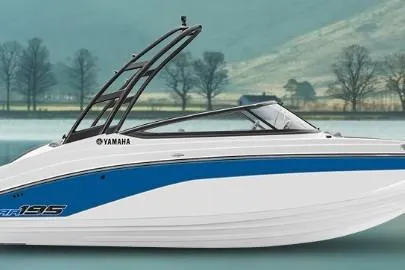 Slide: The Image of 2026 Yamaha Boats AR195 interior with seating and canopy, showcasing modern design. - 1