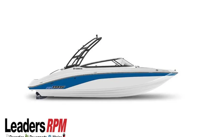 Slide: The Image of 2026 Yamaha Boats AR195, sleek white and blue design, side view. - 37