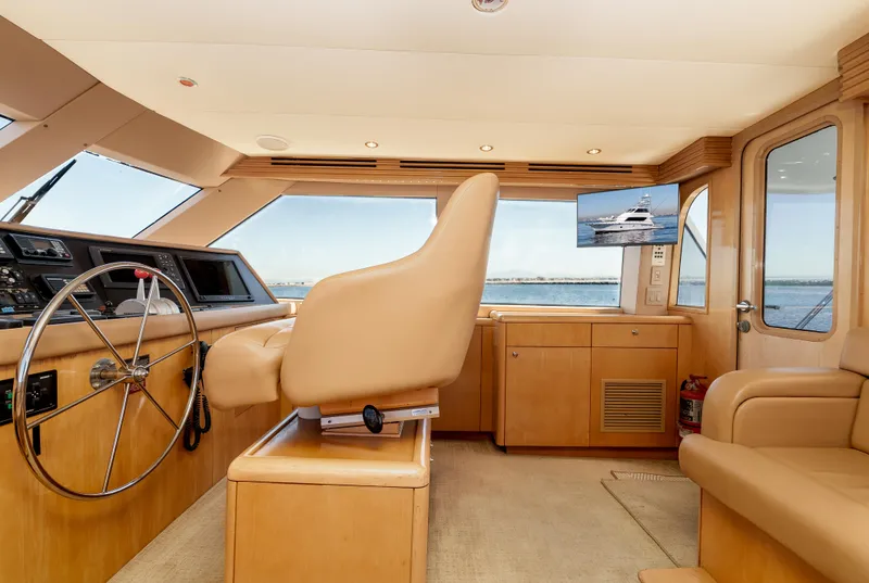Slide: The Image of Interior of 2000 Hatteras 70 Convertible yacht with helm station and panoramic windows. - 19
