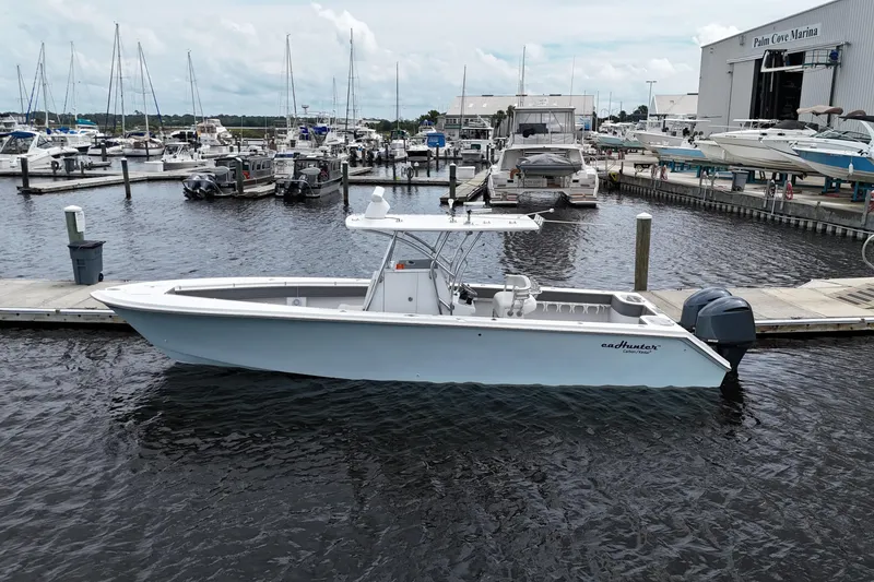 Slide: The Image of Aerial view of 2013 SeaHunter 33 Tournament boat on water. - 13