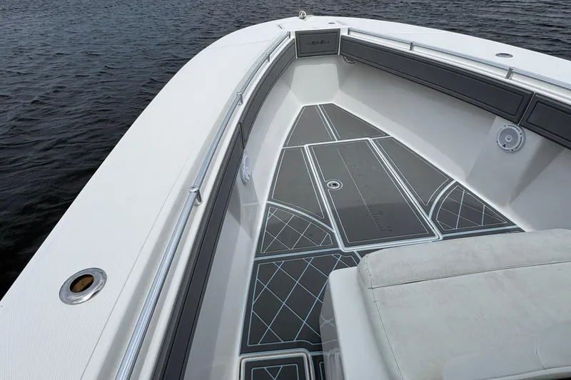 Slide: The Image of 2013 SeaHunter 33 Tournament boat deck with sleek design and modern features. - 22