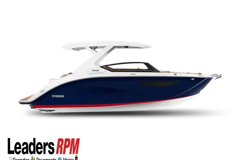 The Image of 2026 Yamaha Boats 295SD, sleek design, blue hull, white top, Leaders RPM logo. - 0