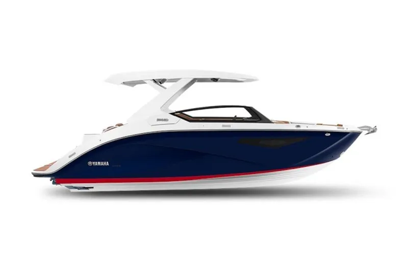 Slide: The Image of 2026 Yamaha Boats 295SD, sleek blue and white design, side view. - 8
