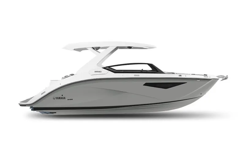 Slide: The Image of 2027 Yamaha Boats 295SD, sleek design, side view, modern luxury watercraft. - 2