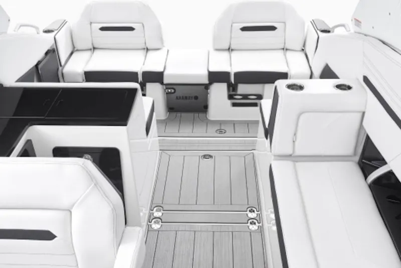 Slide: The Image of 2027 Yamaha Boats 295SD interior with sleek white seating and modern design. - 9