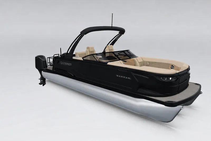The Image of 2026 Godfrey Sanpan 27' Tritoon with Twin Flip Lounge and Windshield, sleek black design. - 0