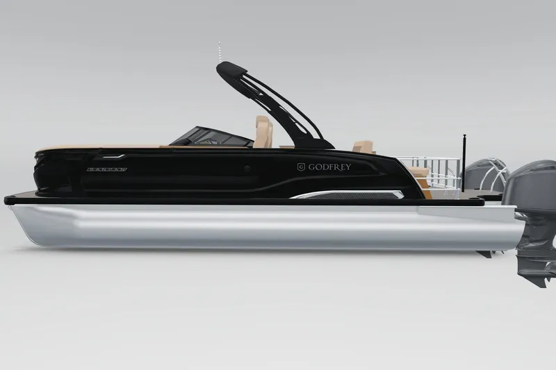 Slide: The Image of 2026 Godfrey Sanpan 27' Tritoon with sleek black design and twin engines. - 3