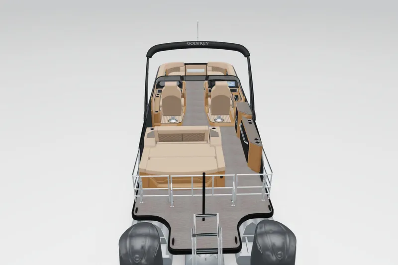 Slide: The Image of 2026 Godfrey Sanpan 27' Tritoon with twin flip lounge and windshield, sleek design. - 6
