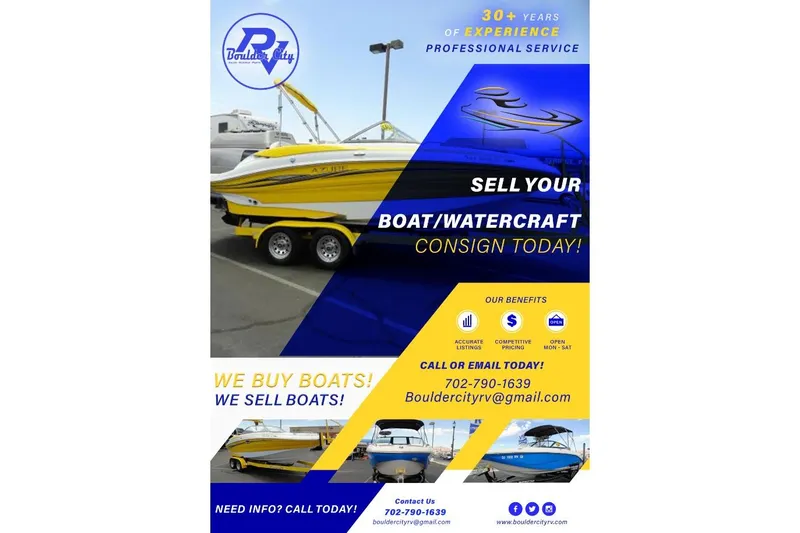 Slide: The Image of Boat dealership flyer promoting buying and selling services, featuring a yellow Heyday WT Surf 2022. - 28