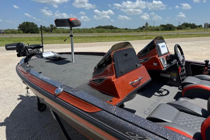 Slide: The Image of 2025 Caymas CX 18 Pro bass boat with dual consoles and advanced navigation system. - 3