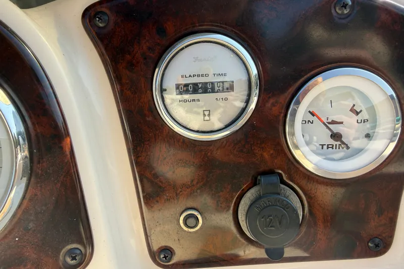 Slide: The Image of Dashboard of 2004 AquaPatio 240RE boat with elapsed time and trim gauges. - 21