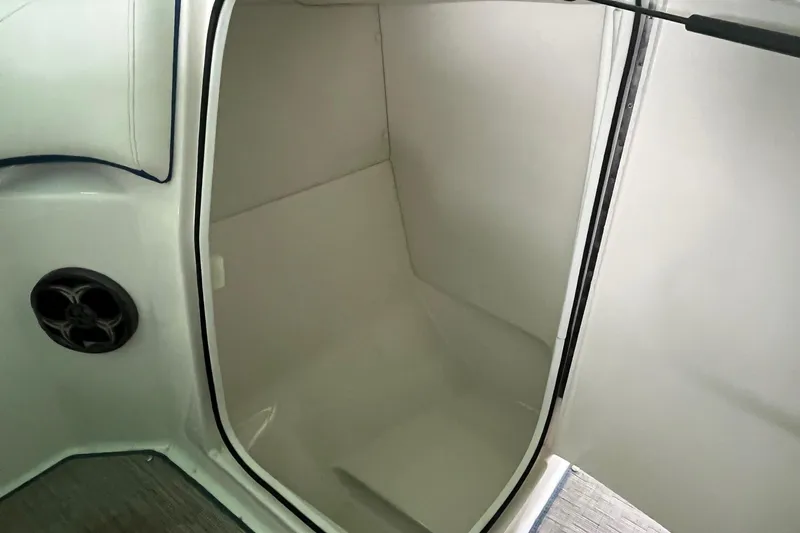 Slide: The Image of 2016 Regal 22 FasDeck ESX boat interior storage compartment with speaker detail. - 11
