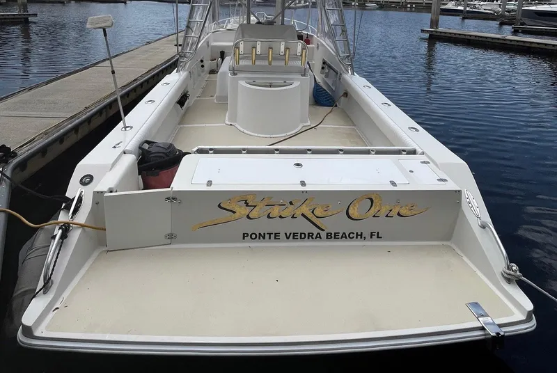 Slide: The Image of 2005 Strike 35 Sportfisherman boat docked at marina, rear view, Ponte Vedra Beach, FL. - 20