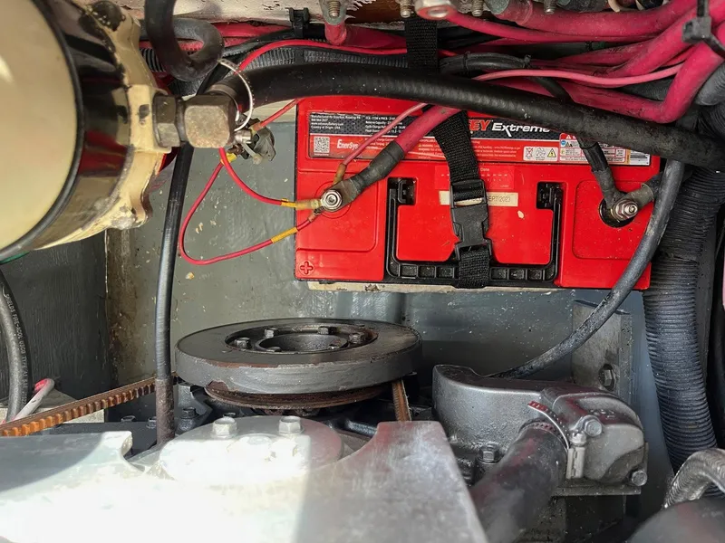 Slide: The Image of Engine compartment of 2005 Strike 35 Sportfisherman with battery and wiring. - 24