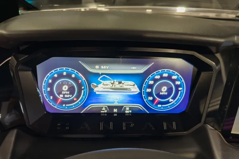 Slide: The Image of Digital dashboard of 2026 Godfrey Sanpan 23' Split Bench, displaying RPM and speed. - 17