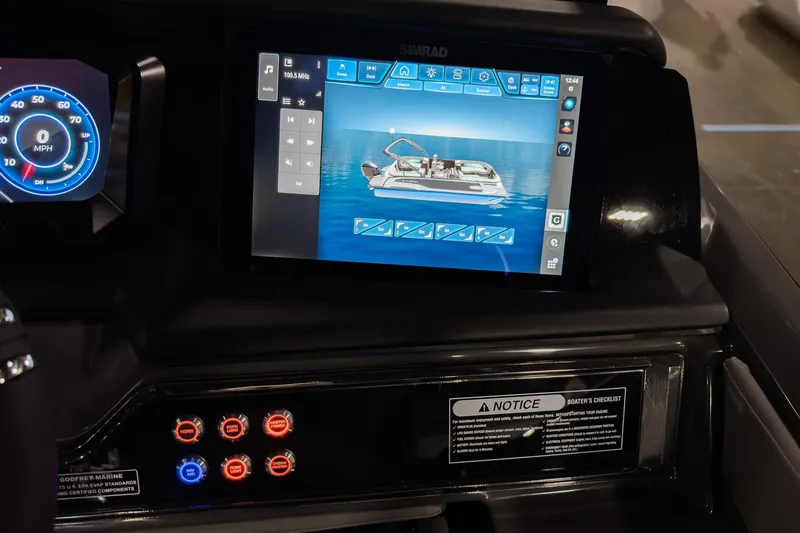 Slide: The Image of Dashboard of 2026 Godfrey Sanpan 23' Split Bench with digital display and controls. - 18