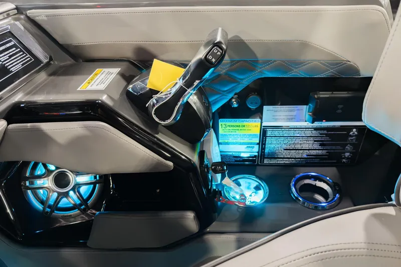 Slide: The Image of Interior of Godfrey Sanpan 23' Split Bench 2026 with blue lighting. - 19