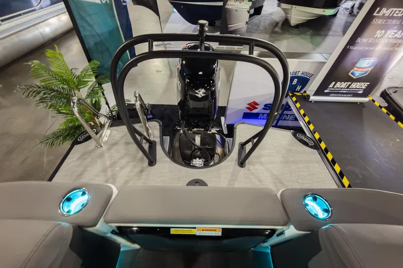 Slide: The Image of 2026 Godfrey Sanpan 23' Split Bench boat interior with modern design and ambient lighting. - 28