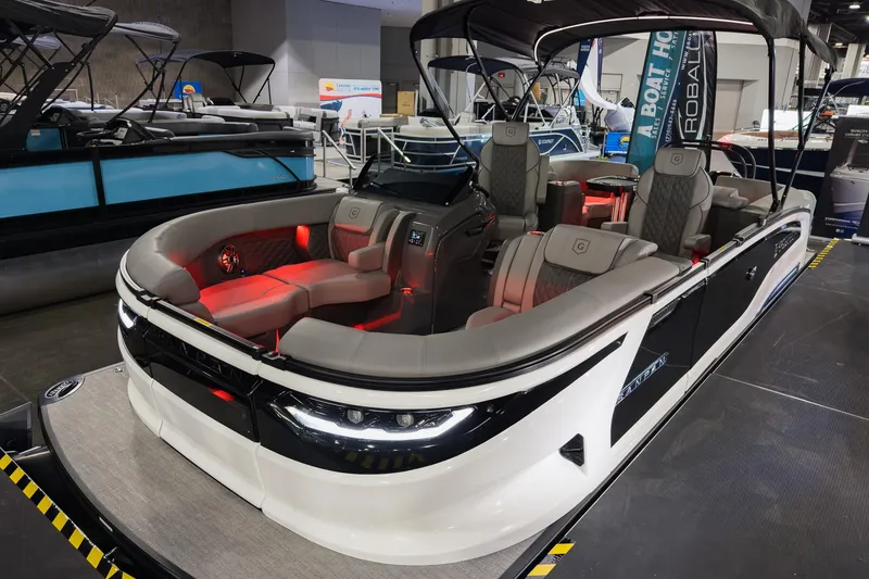 Slide: The Image of 2026 Godfrey Sanpan 23' Split Bench pontoon boat with luxurious seating and ambient lighting. - 3