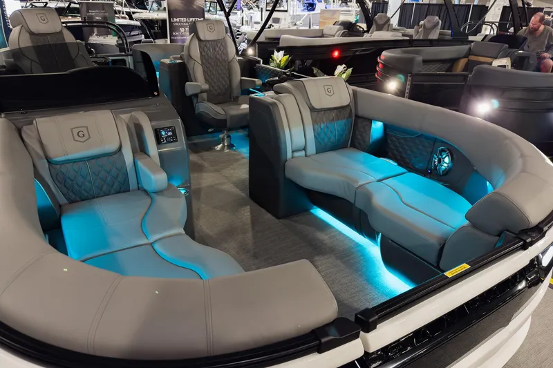 Slide: The Image of Luxurious interior of 2026 Godfrey Sanpan 23' Split Bench pontoon with ambient lighting. - 9