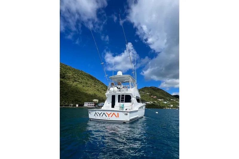 Slide: The Image of 2005 Hatteras 50 Convertible yacht anchored in scenic coastal waters. - 8