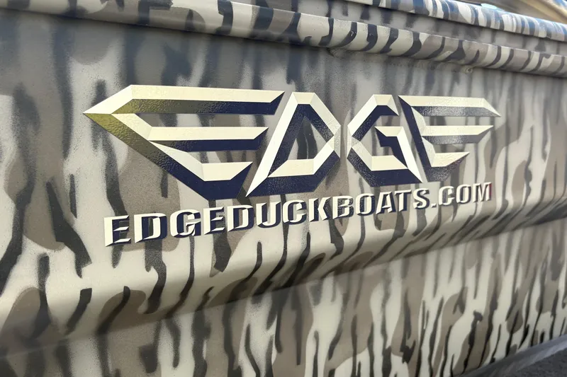 Slide: The Image of Edge Duck Boats 756DB 2025 model with camouflage design and logo. - 10
