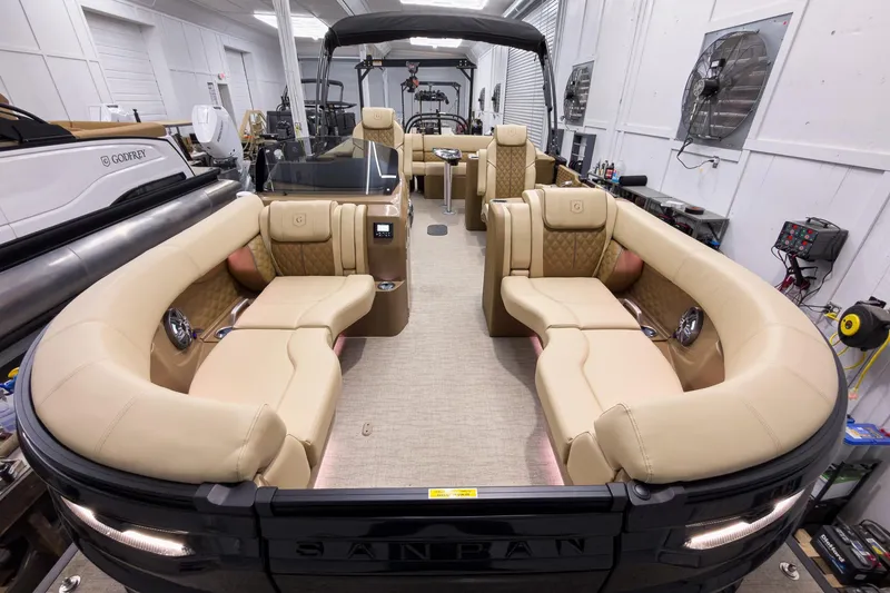 Slide: The Image of Luxurious interior of 2026 Godfrey Sanpan 23' Ultra Lounge Tritoon, featuring plush seating and modern design. - 10