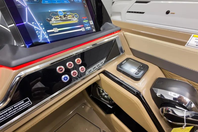 Slide: The Image of Control panel of 2026 Godfrey Sanpan 23' Ultra Lounge Tritoon with touchscreen and modern controls. - 24
