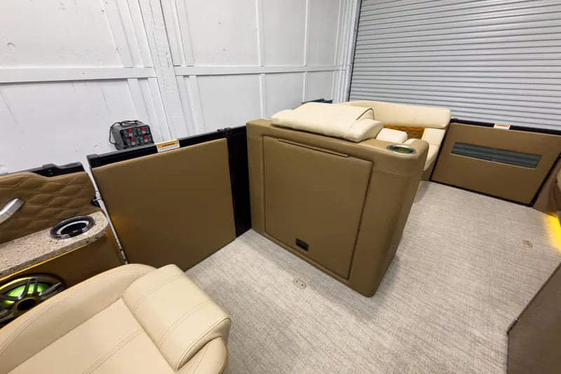 Slide: The Image of Luxurious interior of 2026 Godfrey Sanpan 23' Ultra Lounge Tritoon with plush seating. - 32