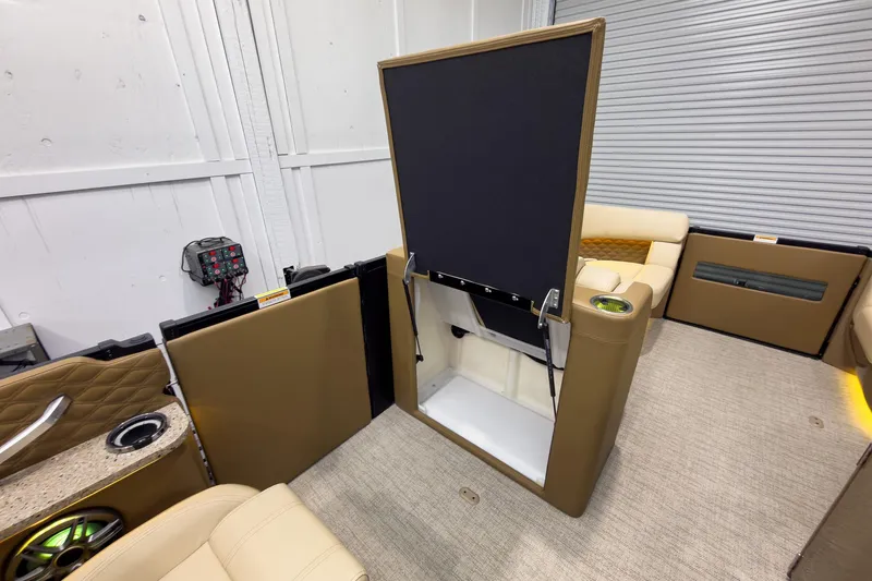 Slide: The Image of Interior of 2026 Godfrey Sanpan 23' Ultra Lounge Tritoon, featuring luxurious seating and storage. - 33