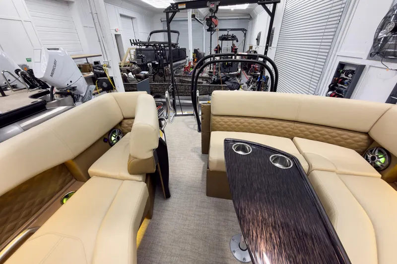 Slide: The Image of Luxurious interior of 2026 Godfrey Sanpan 23' Ultra Lounge Tritoon with plush seating. - 40